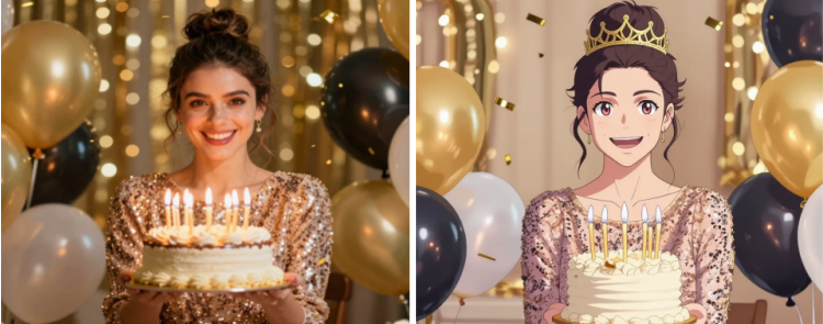 Before and after comparison of transforming a girl photo into manga style with AI