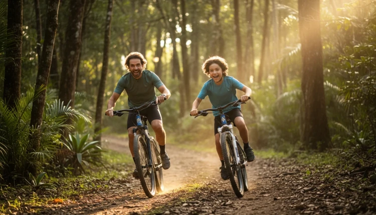 Pai e filho andando de bicicleta no parque