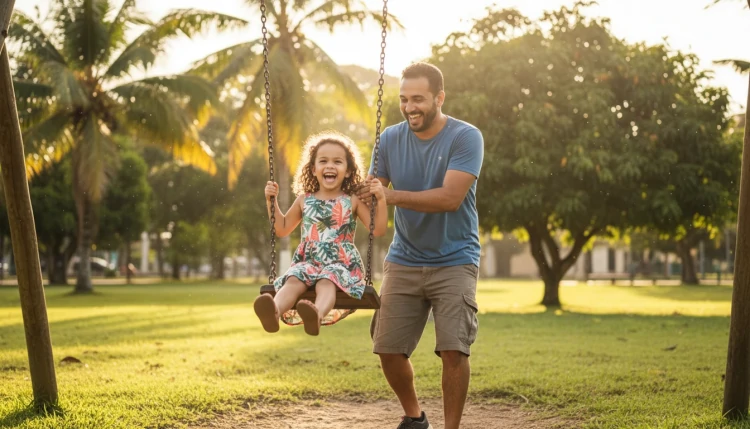 Pai empurrando filha no balanço do parque
