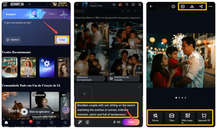 Interfaces de criar imagens de casal com o SeaArt