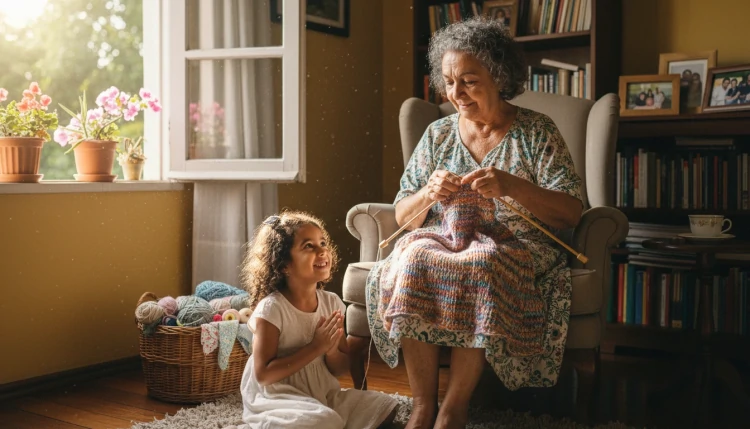 Avó tricotando roupa para a neta em casa