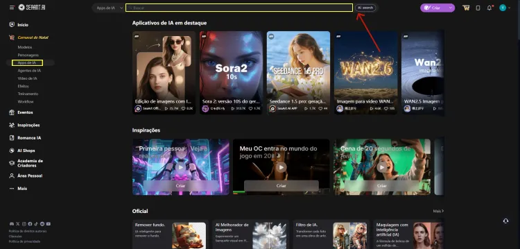 página dos apps de IA do SeaArt