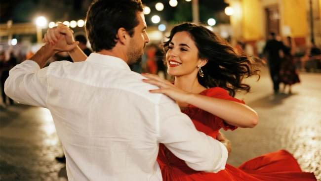 Couple Dancing Under Neon Lights