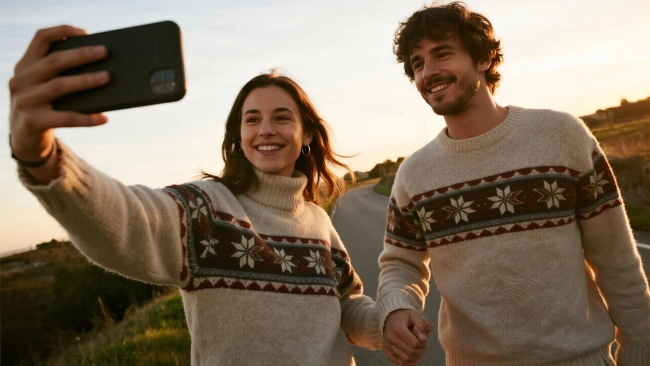Couple Selfie on the Road at Sunset