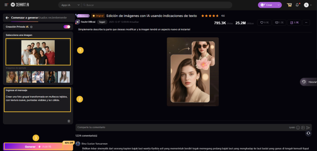 La función de edición de imágenes con prompts de SeaArt