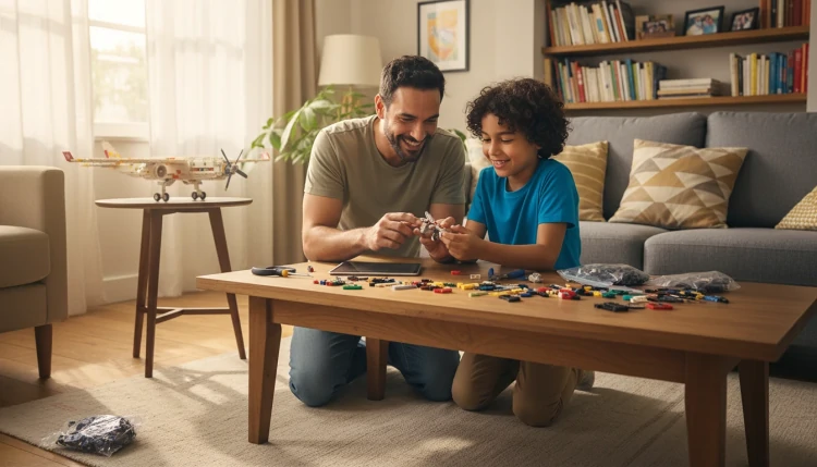 Pai e filho montando modelo de avião juntos