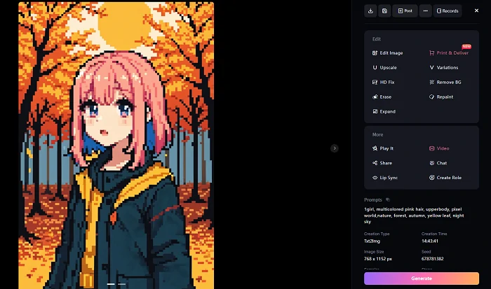 AI pixel image saving page on SeaArt AI