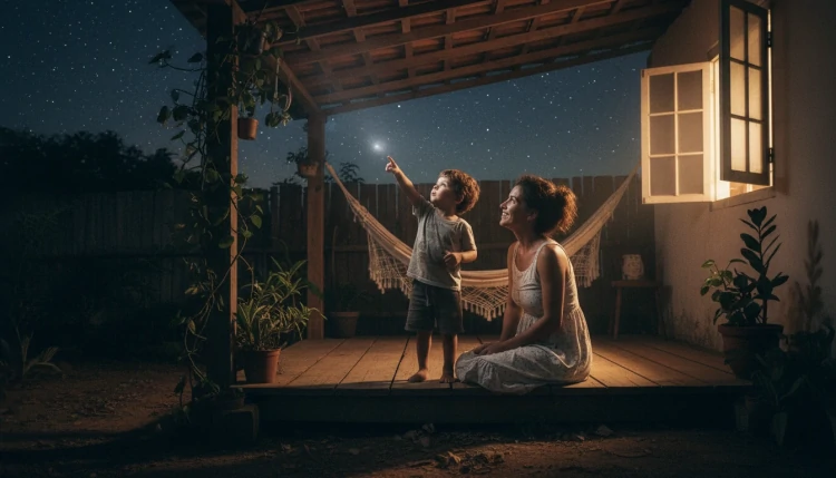 Mãe e filho contando estrelas na varanda à noite