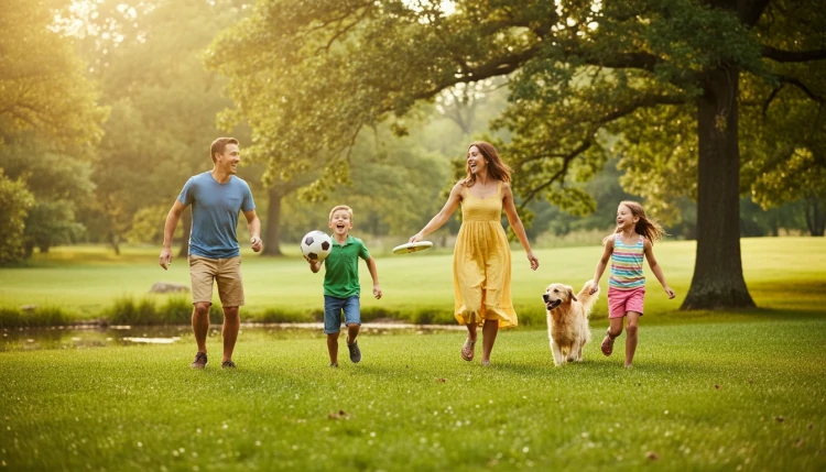 Família brincando ao ar livre em um parque ensolarado