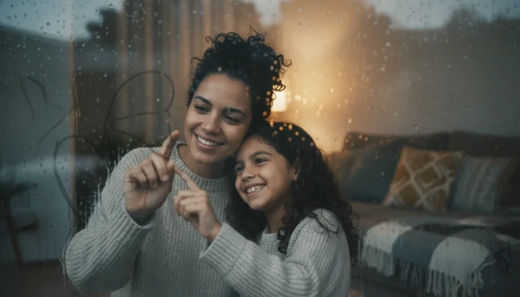 Mãe e filha pintando na janela em dia de chuva