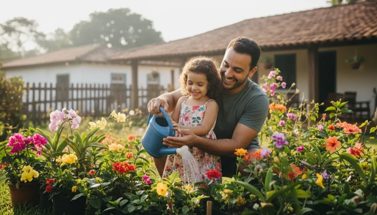 Pai e filha regando flores no jardim pela manhã