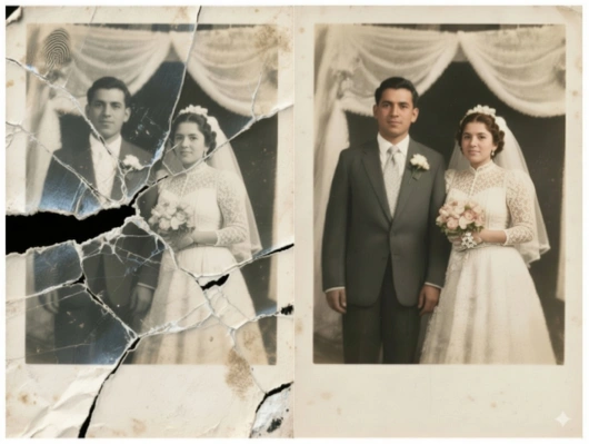 Repara foto antigua de boda deteriorada con colores naturales