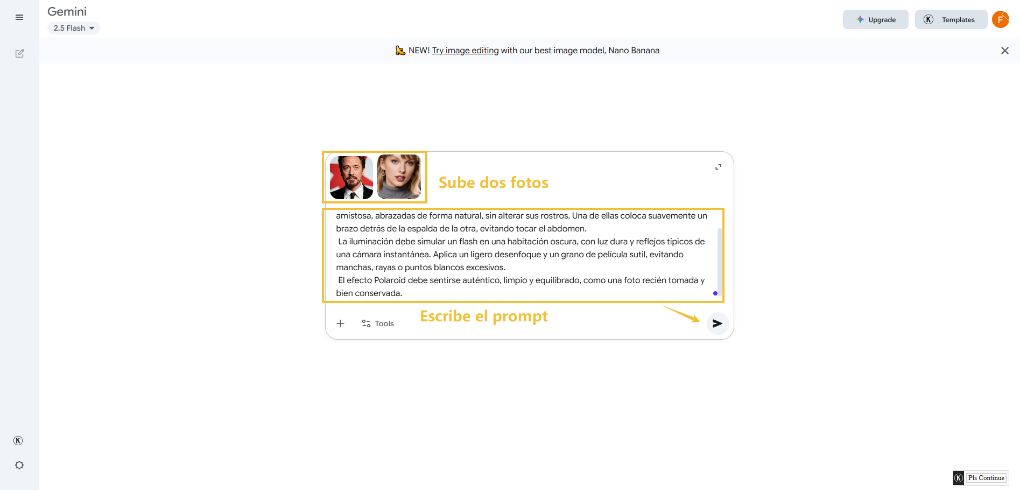 sube dos fotos y escribe el prompt en Gemeni