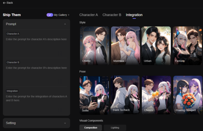 Gerar imagem de duas personagens IA juntas com PolyBuzz