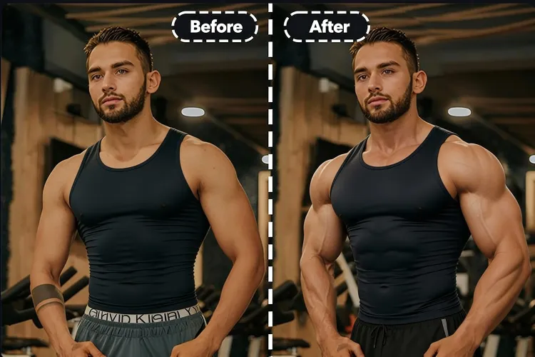 antes e depois de usar o gerador de IA musculoso do SeaArt