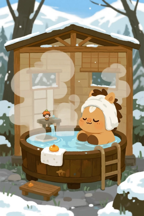 温泉に入っているかわいい馬のイラスト