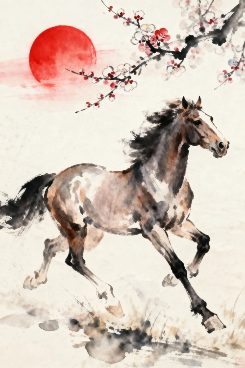 水彩画風の和風午年イラスト