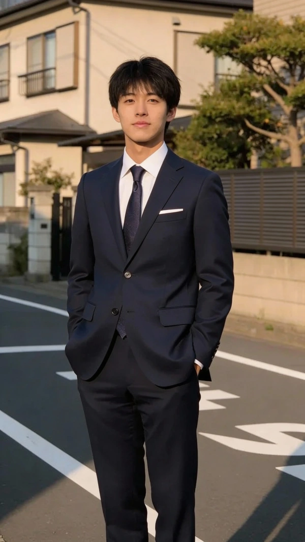 紺色スーツ成人式写真