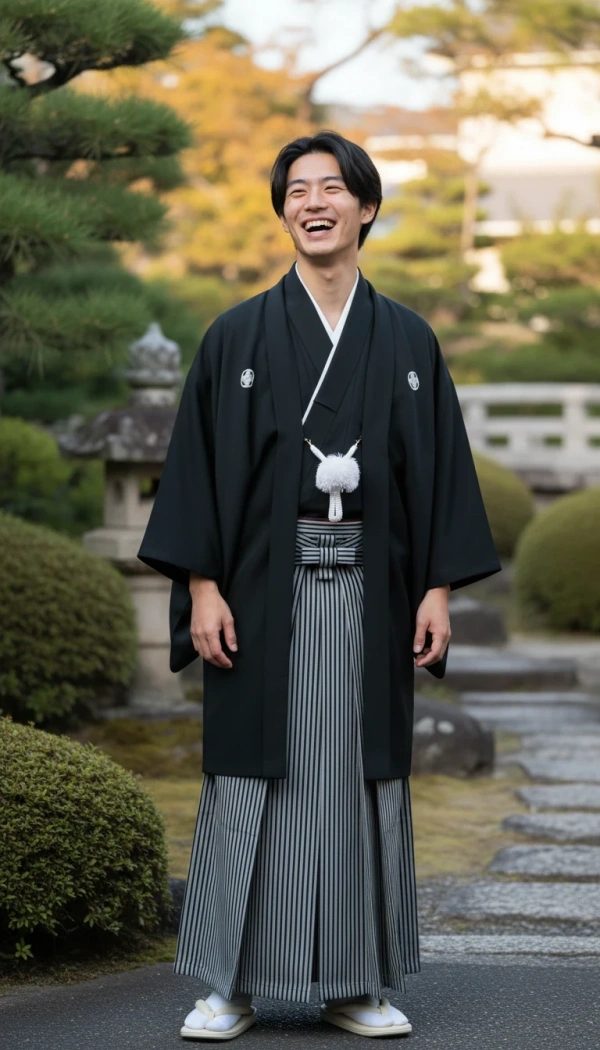 黒五つ紋付き羽織袴 成人式写真