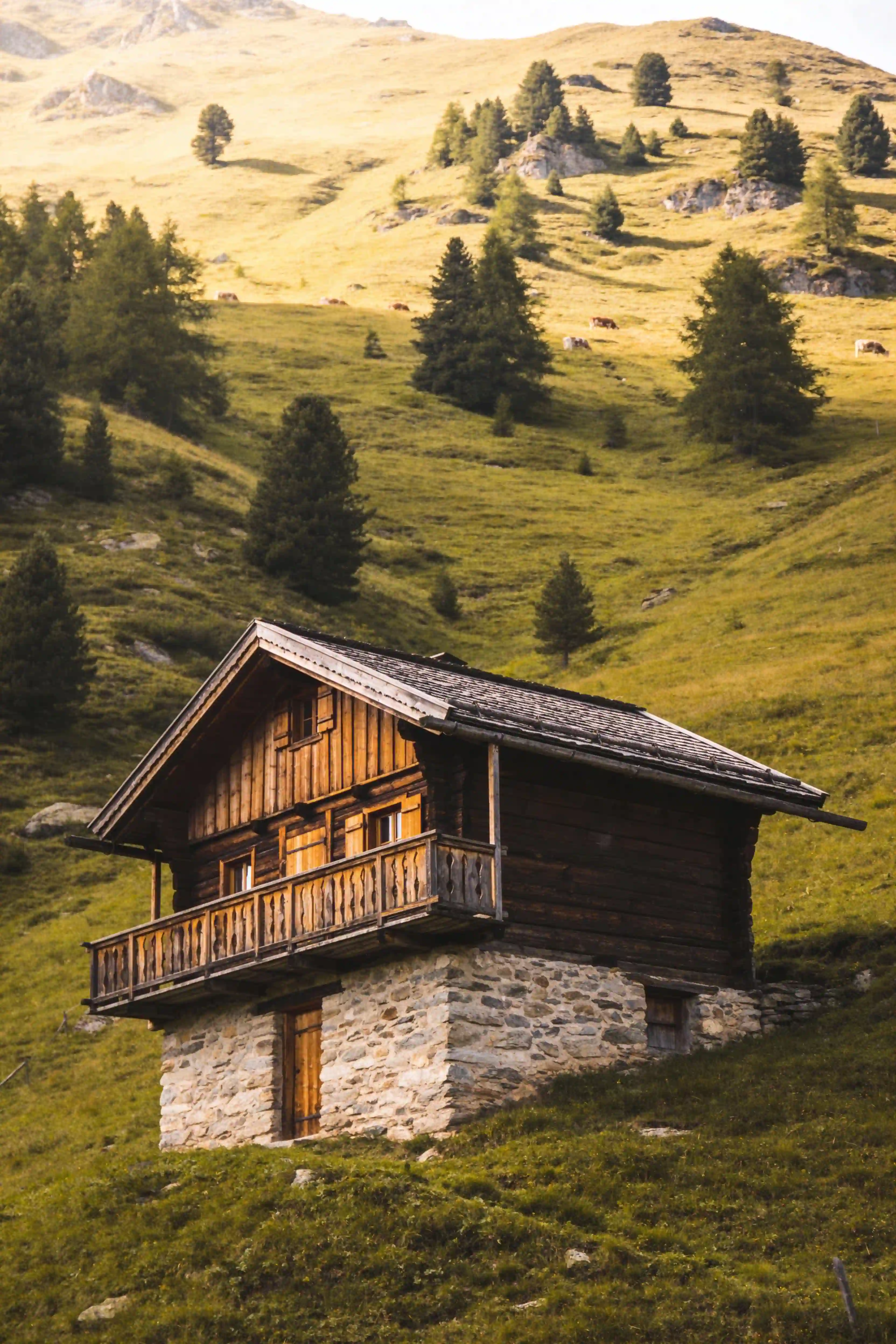 Alpine Wooden Chalet on Green Hillside AI Photography