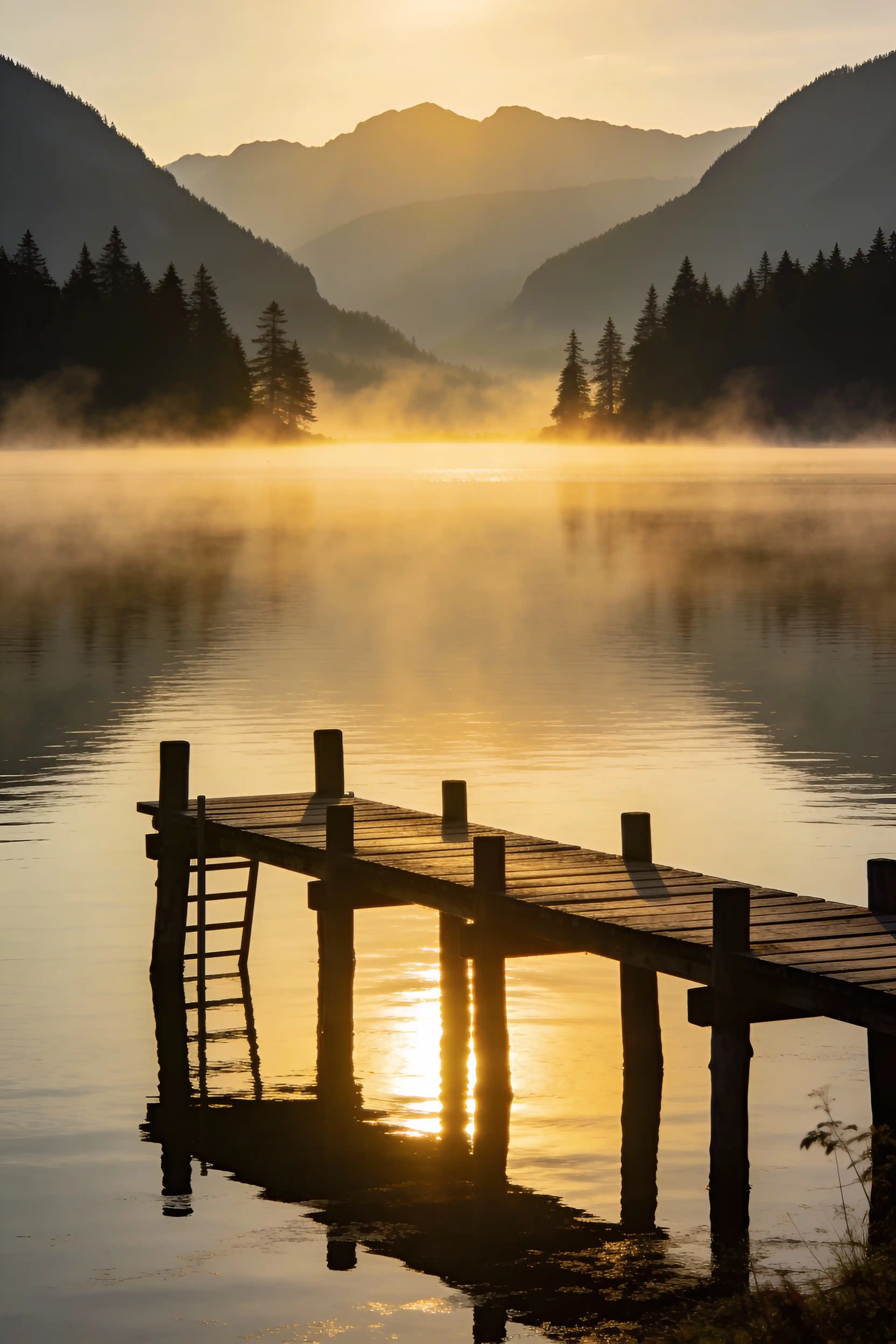 Misty Lake Pier at Dawn Generated With Grok Imagine