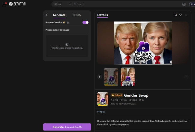 SeaArt AI's Online Gender Swap Tool