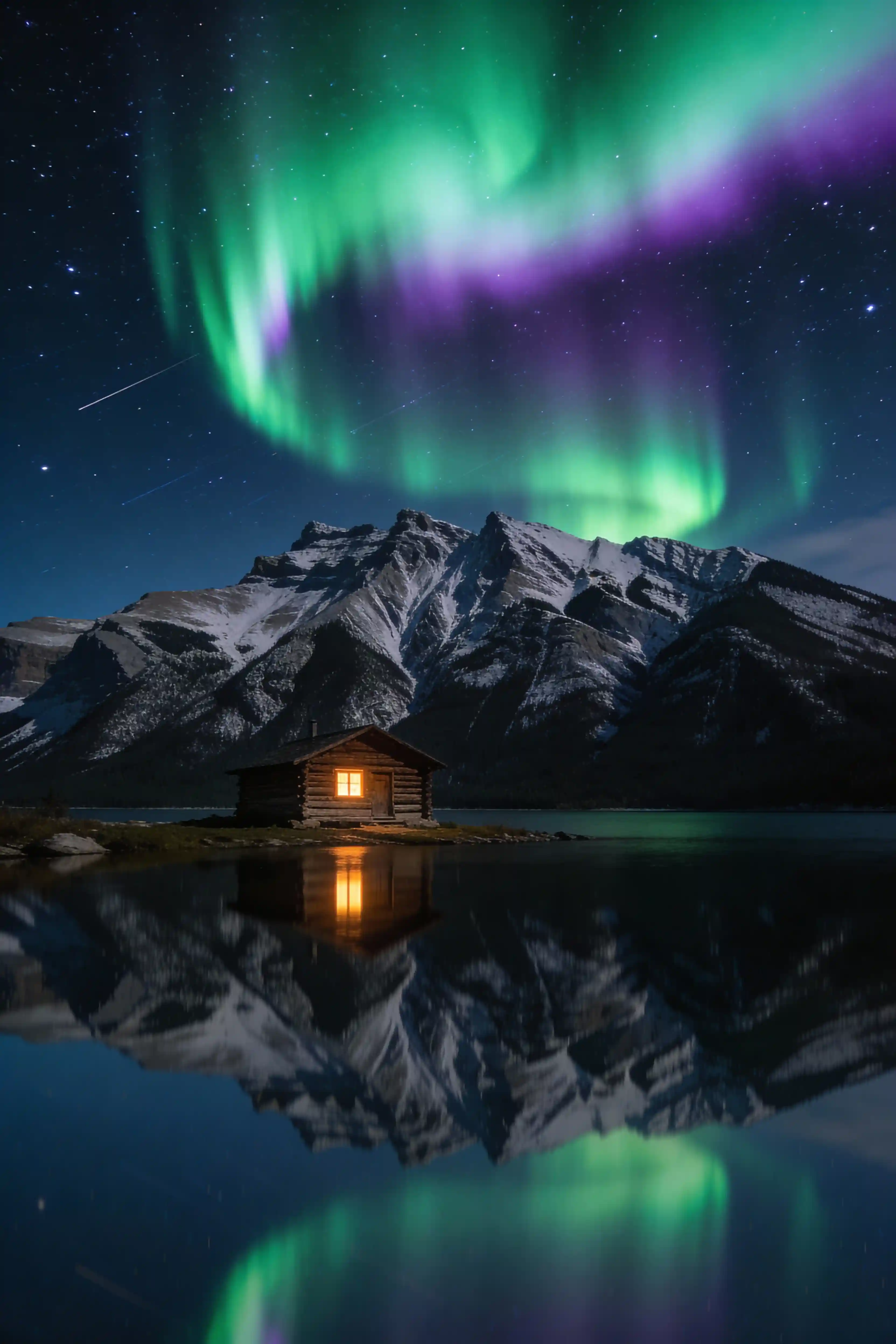 Aurore Boréale Reflétée dans Lac de Montagne Paysage IA