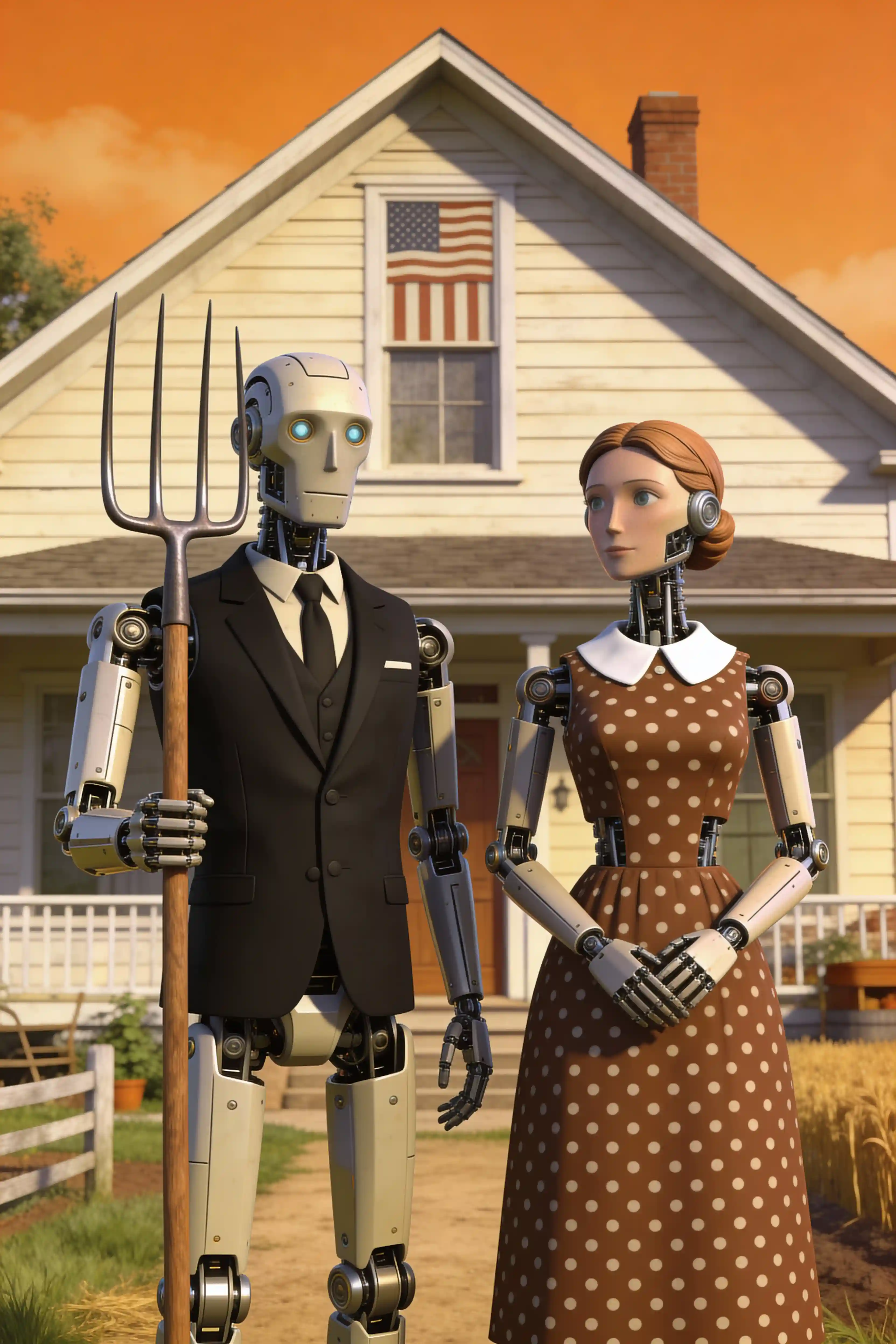 Couple de Robots Rétro en Style American Gothic Image IA