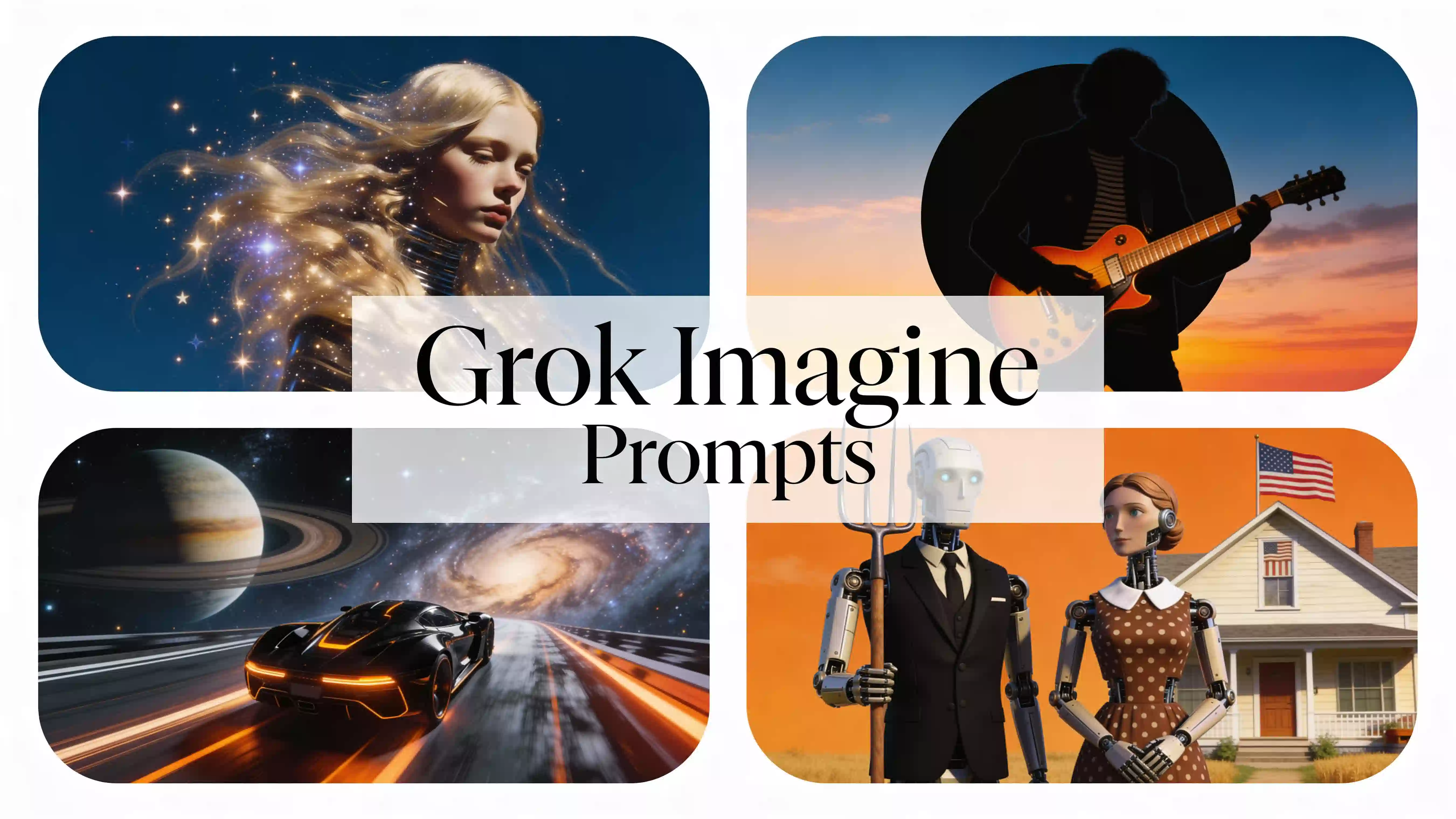 Collage d'Images IA Créées avec des Prompts Grok Imagine Montrant Portraits, Scènes Fantasy et Photos Réalistes