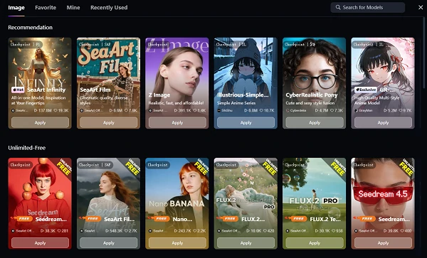 AI model options on SeaArt AI