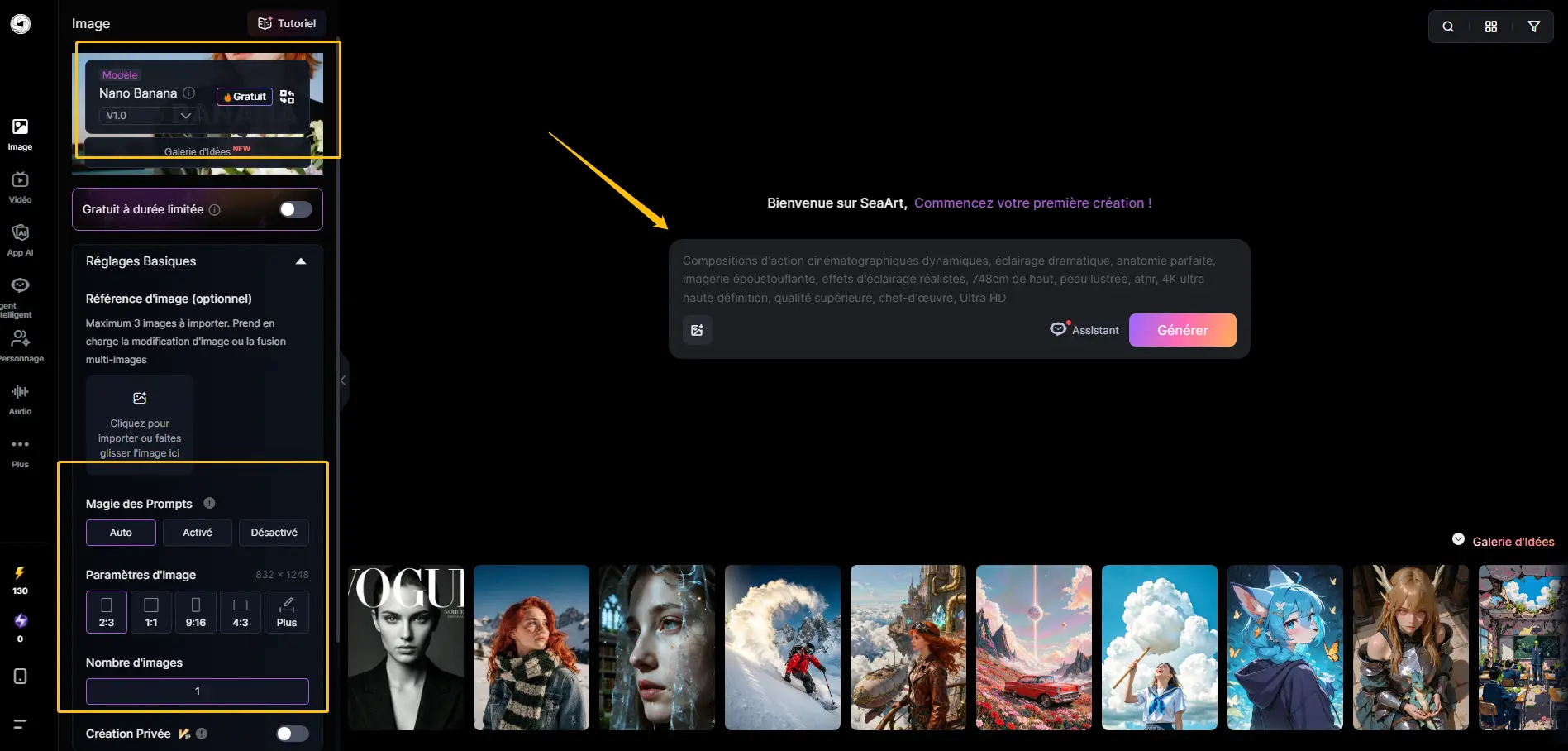Tableau de Bord SeaArt pour Création d'Images IA avec Prompts