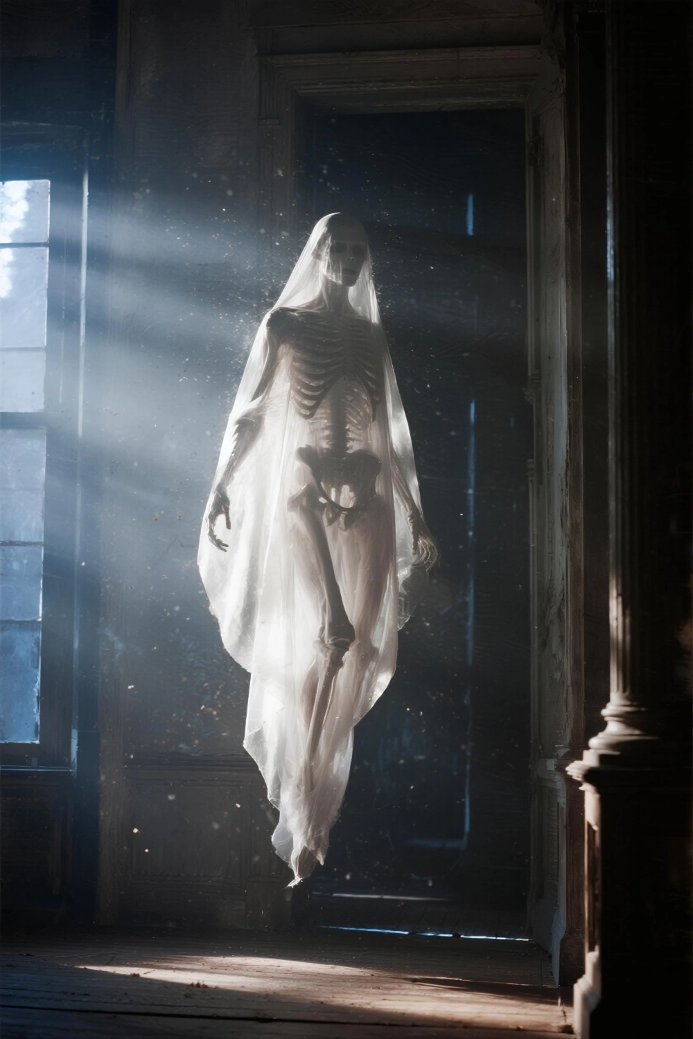 Ethereal ghost glowing in an old manor