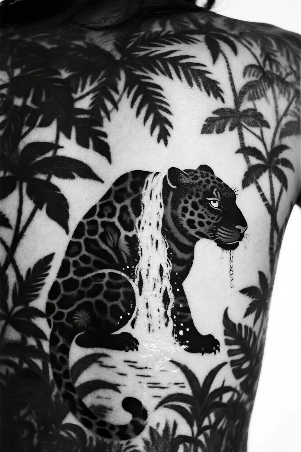 Tatuagem de jaguar dupla exposição com selva