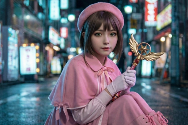 ネオン街のポートレート風アニメキャラの実写化画像