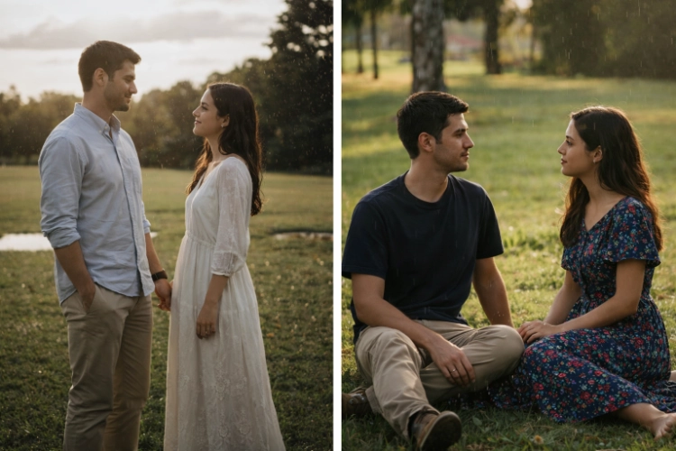 Casal descalço se beijando no gramado após a chuva