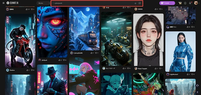 lots of AI works of cyberpunk character in SeaArt AI