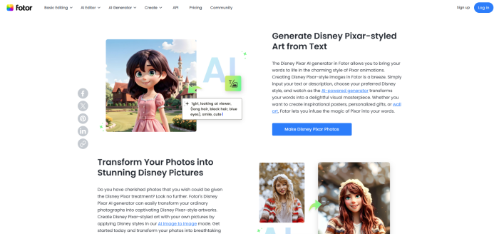 Fotor's Disney Pixar AI generator