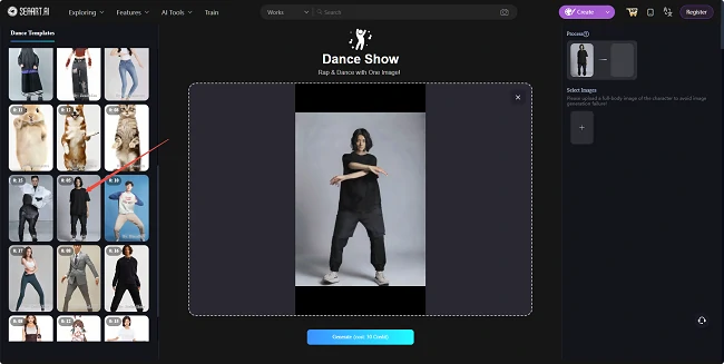 apply a dance video template in SeaArt