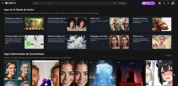 Interface dos apps de IA do SeaArt que editam fotos de produto