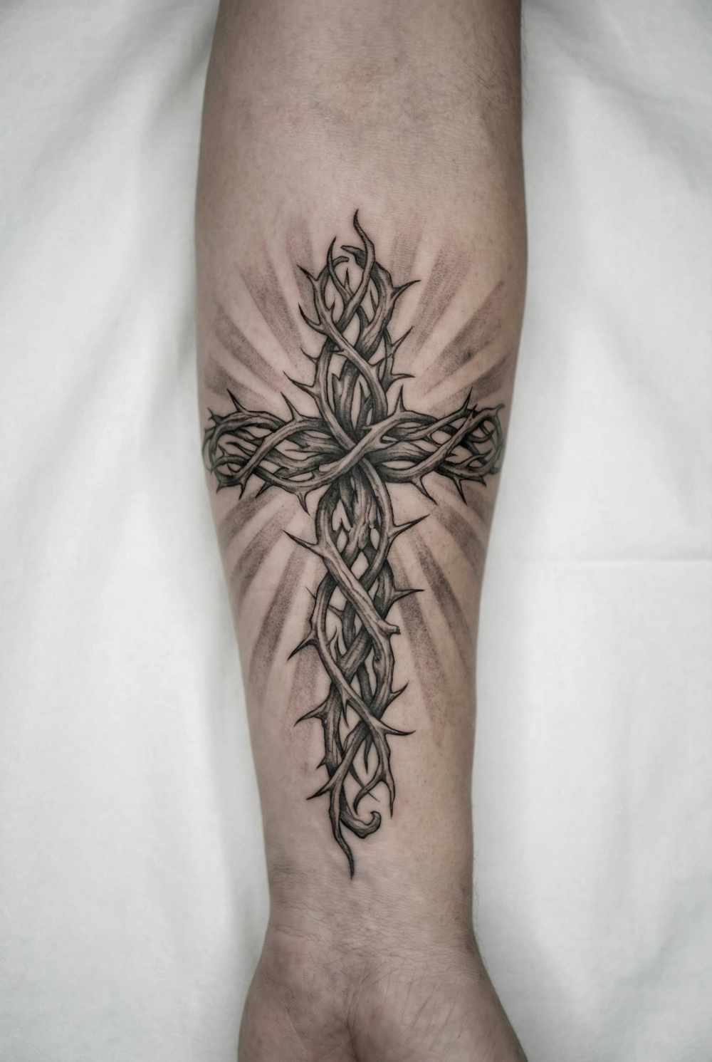 Tatuagem de cruz cristã orgânica com espinhos