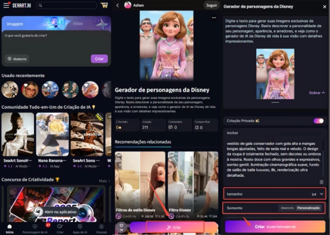 Interfaces do gerador de personagens Disney IA do SeaArt