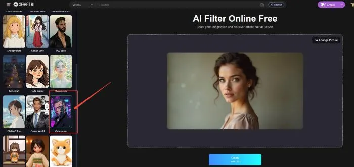 choose the Future Cyberpunk style from AI filters in SeaArt