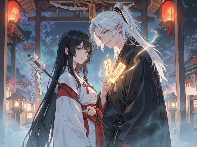 巫女×陰陽師／夜の神社と灯籠