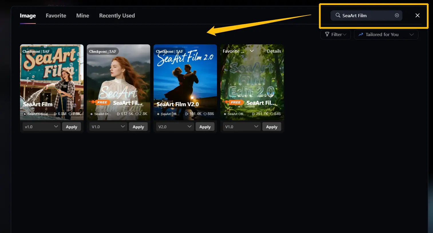 SeaArt AI model selection screen with Film Edit and Film V2 options for portrait generation