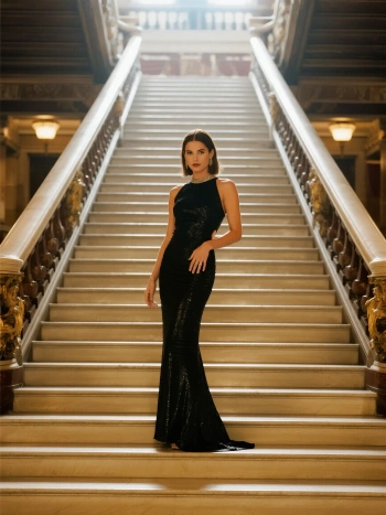Elegant portrait on golden staircase generated with Gemini AI prompts showing luxury cinematic atmosphere