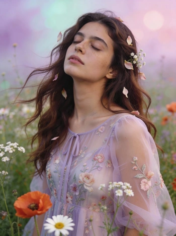 Dreamy flower field portrait created with Gemini AI prompts for girls showing soft romantic lighting