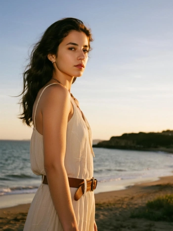 Beach sunset portrait during golden hour generated with Gemini AI prompts showing warm cinematic lighting