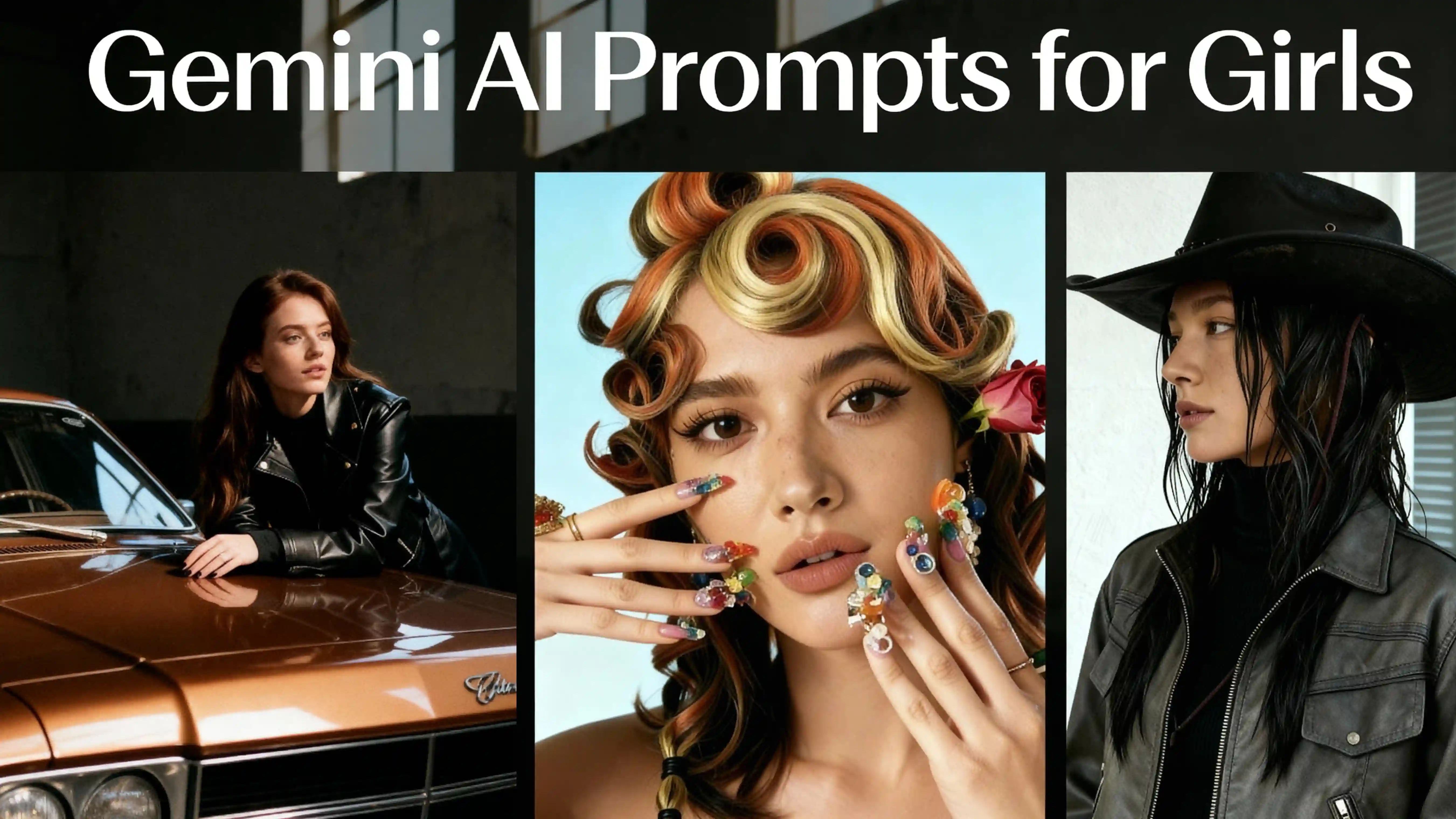 Three examples of Gemini AI prompts for girls showing different portrait styles - professional, vintage, and fashion photography generated using Gemini AI image generator