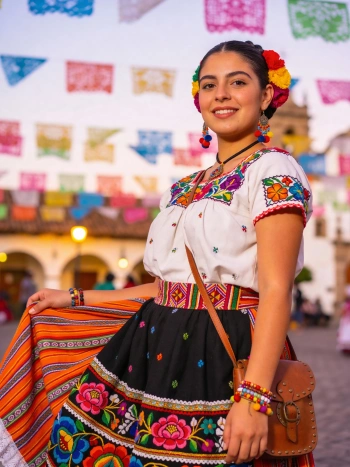 Mexican Puebla skirt traditional portrait generated with Gemini AI prompts showing colorful embroidered textile