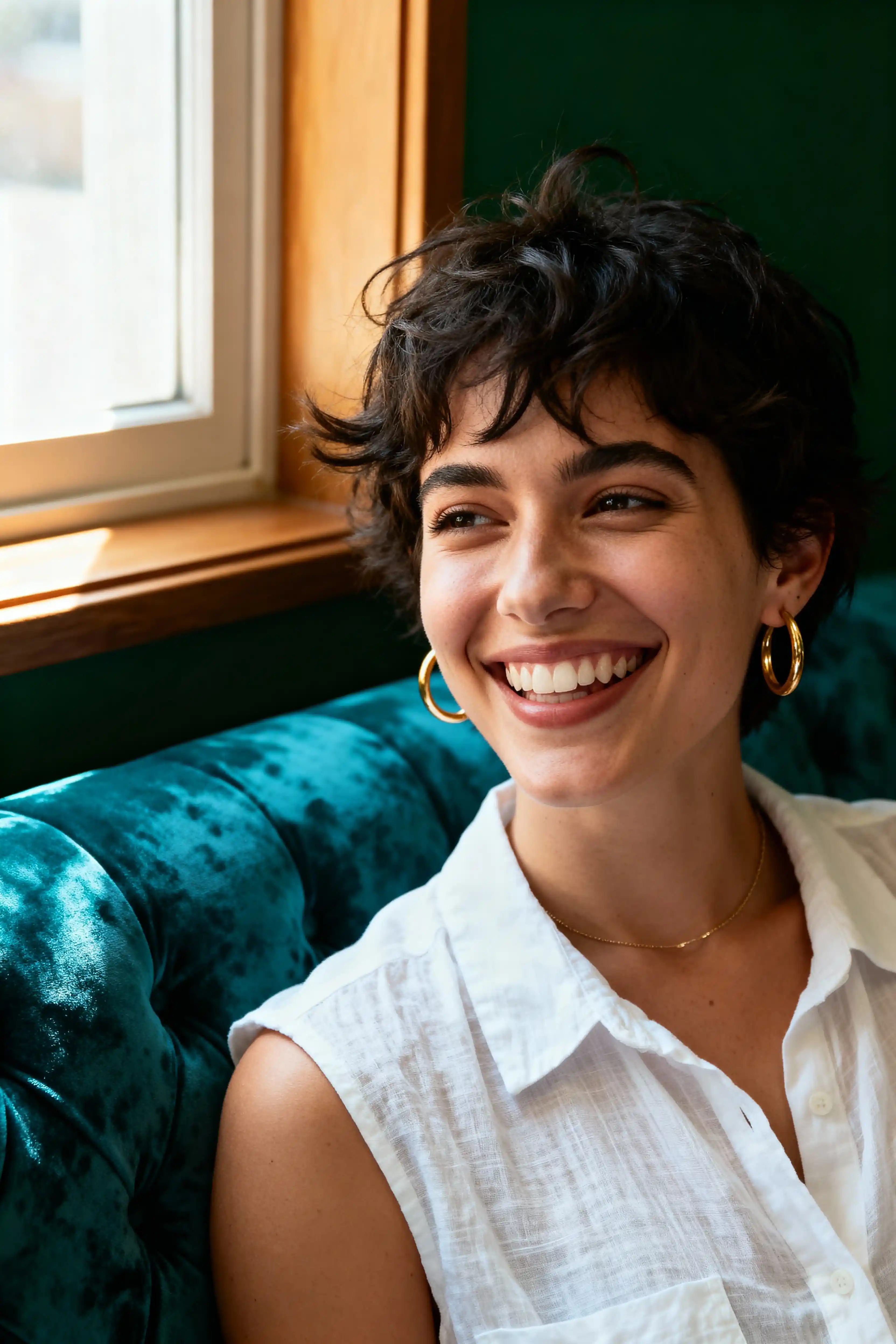 Bright joyful selfie portrait with natural lighting generated with Gemini AI prompts for girls showing candid social media style